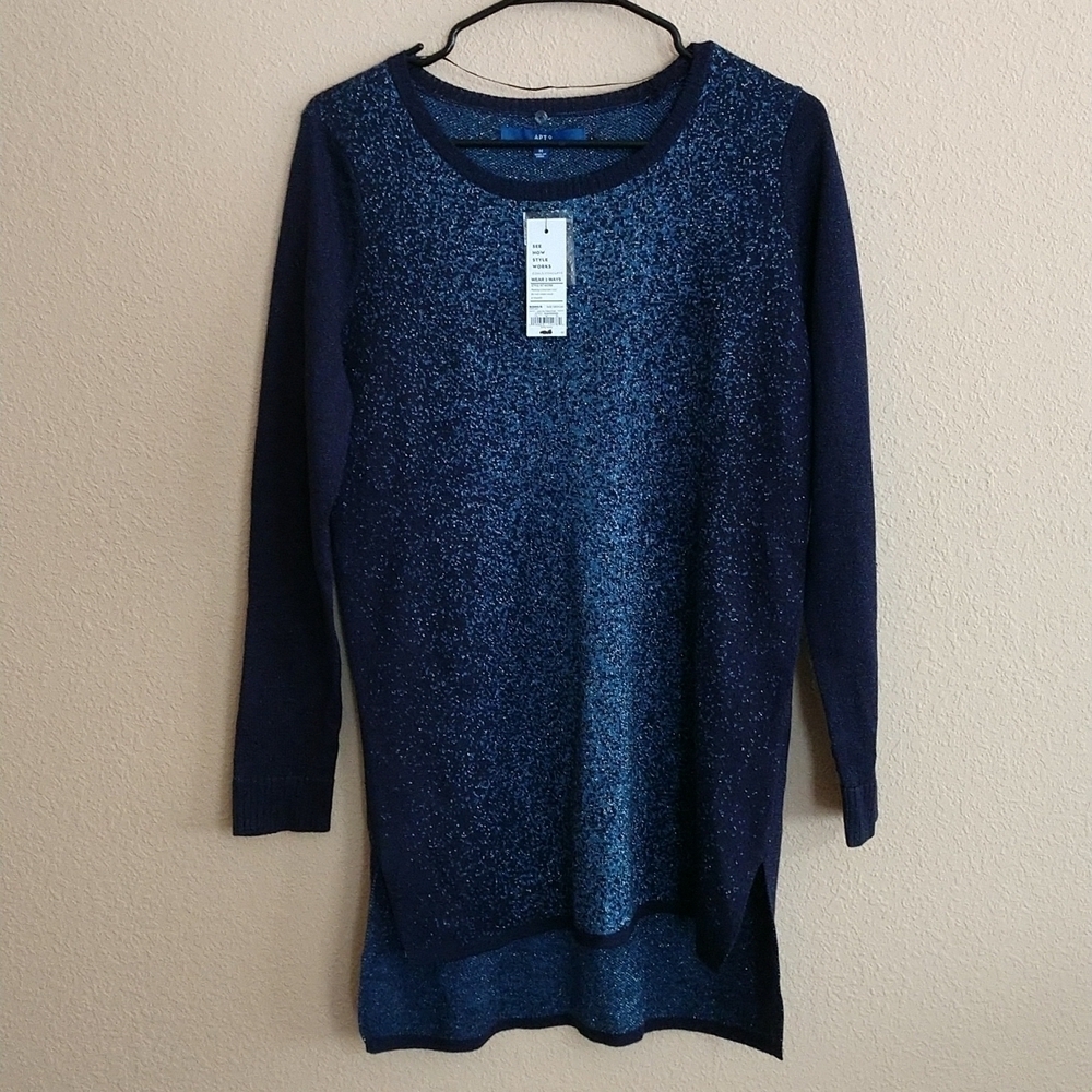 NWT Apt9 Hi-Lo Tunic Style Blue Metallic Sweater Size M
